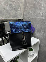 Рюкзак жіночий молодіжний з блискітками сумка-рюкзак синій гліттер+шкірзам