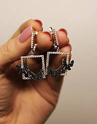 Сережки-підвісні квадратної форми із срібла з фіанітами "Бабочки"