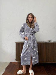Халат МАХРОВИЙ ВЕЛСОФТ жіночий довгий S-3XL СІРИЙ КОТИКИ VEL022R2