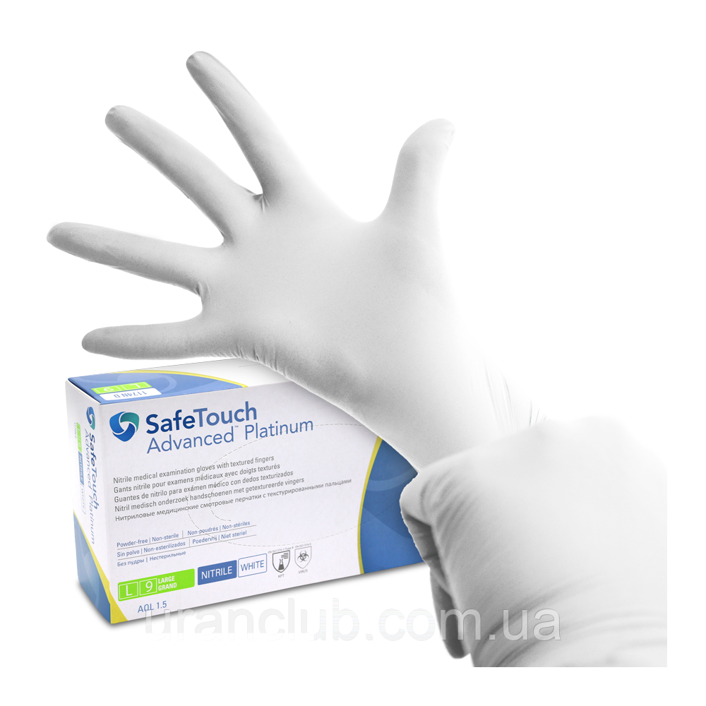 Рукавички білі нітрилові SafeTouch Platinum White Nitrile розмір L медичні,салонів краси,тату,макіяжу