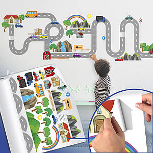 Стікери дитячі самоклеючі "Збери дорогу" на аркуші 70 х 100 см, 63 шт наліпки в наборі (БК-Дорога)