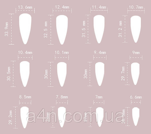 Накладные ногти - Интернет-магазин A4N Размеры накладных ногтей