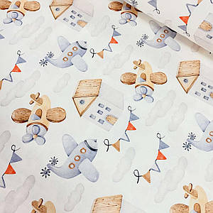 Тканина поплін DIGITAL літаки з будиночками на білому (ТУРЦІЯ шир. 2,4 м) (R-FR-0755)