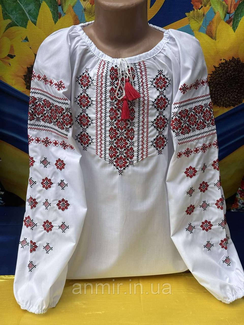 Блузка-вишиванка поплін комір на зав'язках для дівчинки 7-11 років, колір білий