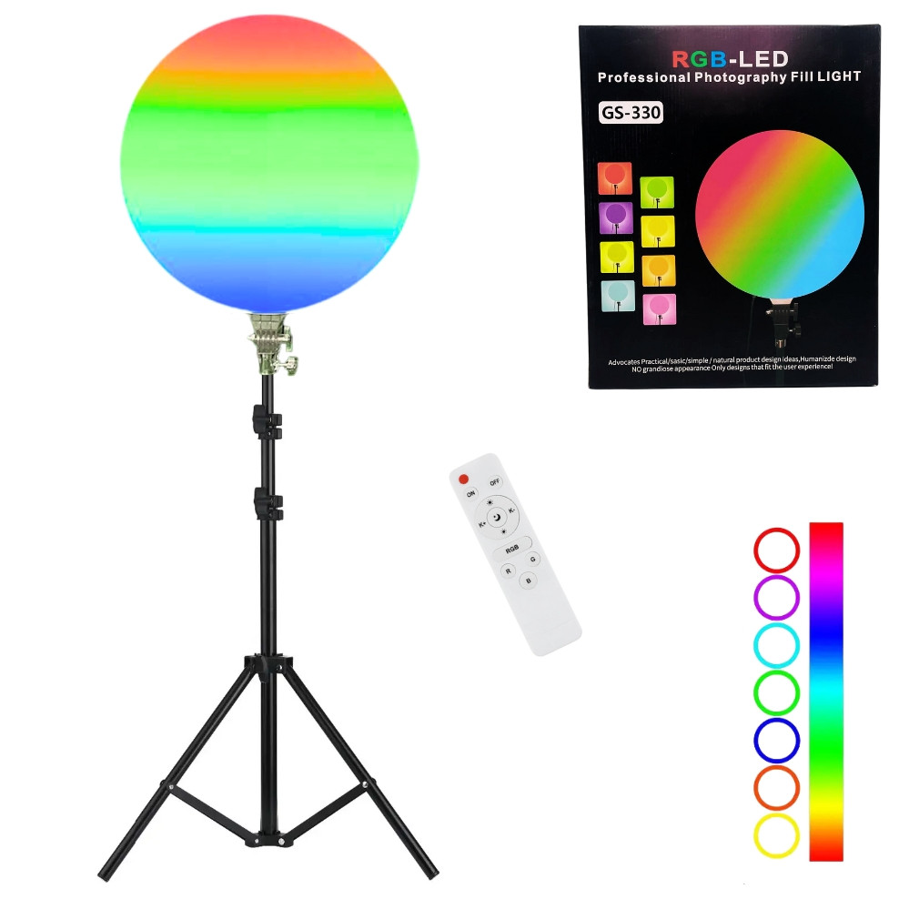 Світлодіодна кругла лампа RGB-LED Fill Light GS-330 кольорова 33см з пультом та штативом 2м для студійної зйомки, фото 1