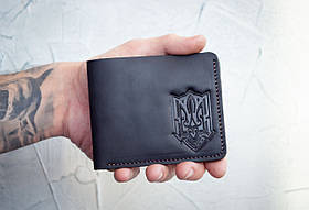 Маленький гаманець чоловічий натуральна шкіра чорний тиснення Тризуб, біфолд без застібки, гаманець мінімалізм