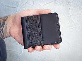 Маленький гаманець чоловічий натуральна шкіра чорний тиснення Вишивка, біфолд без застібки, гаманець мінімалізм