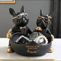 Керамічна ключниця-органайзер для зберігання дрібниць у вигляді чорних французьких бульдогів