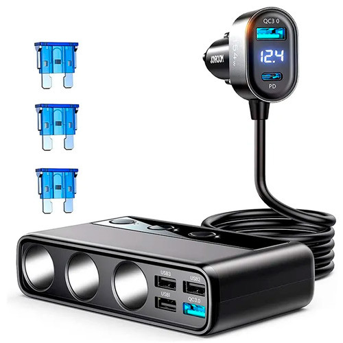 Розгалужувач прикурювача для авто 12-24В 9в1 JR-CL06 154Вт PD QC3.0, 4 USB, 3 розетки типу "прикурювач"
