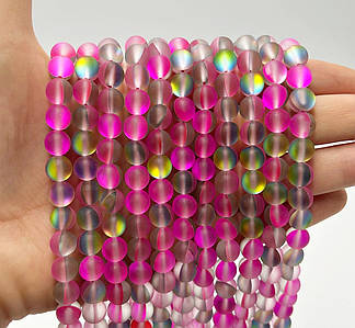 Намистини «Опалове скло» / Синтетичне скло / Ø 8 мм / Нитка ≈ 42 намистин / Малиновий з сірим