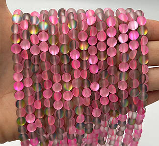 Намистини "Опалове скло" / Синтетичне скло / Ø 6 мм / Нитка ≈ 58 намистин / Рожевий з сірим
