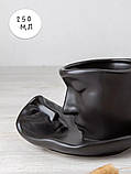 Чайна пара подарунковий кухоль, чашка з блюдцем і ложкою 250 мл. Набір чайний кавовий керамічний Чорний, фото 3
