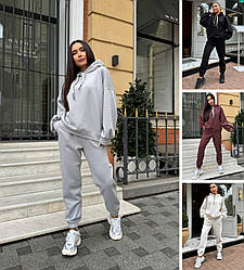 Спортивний жіночий костюм тринитка теплий на флісі оверсайз із худі, сірий, чорний, білий, коричневий