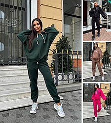 Жіночий спортивний костюм із худі оверсайз красивий теплий на флісі, рожевий, чорний, капучино, зелений