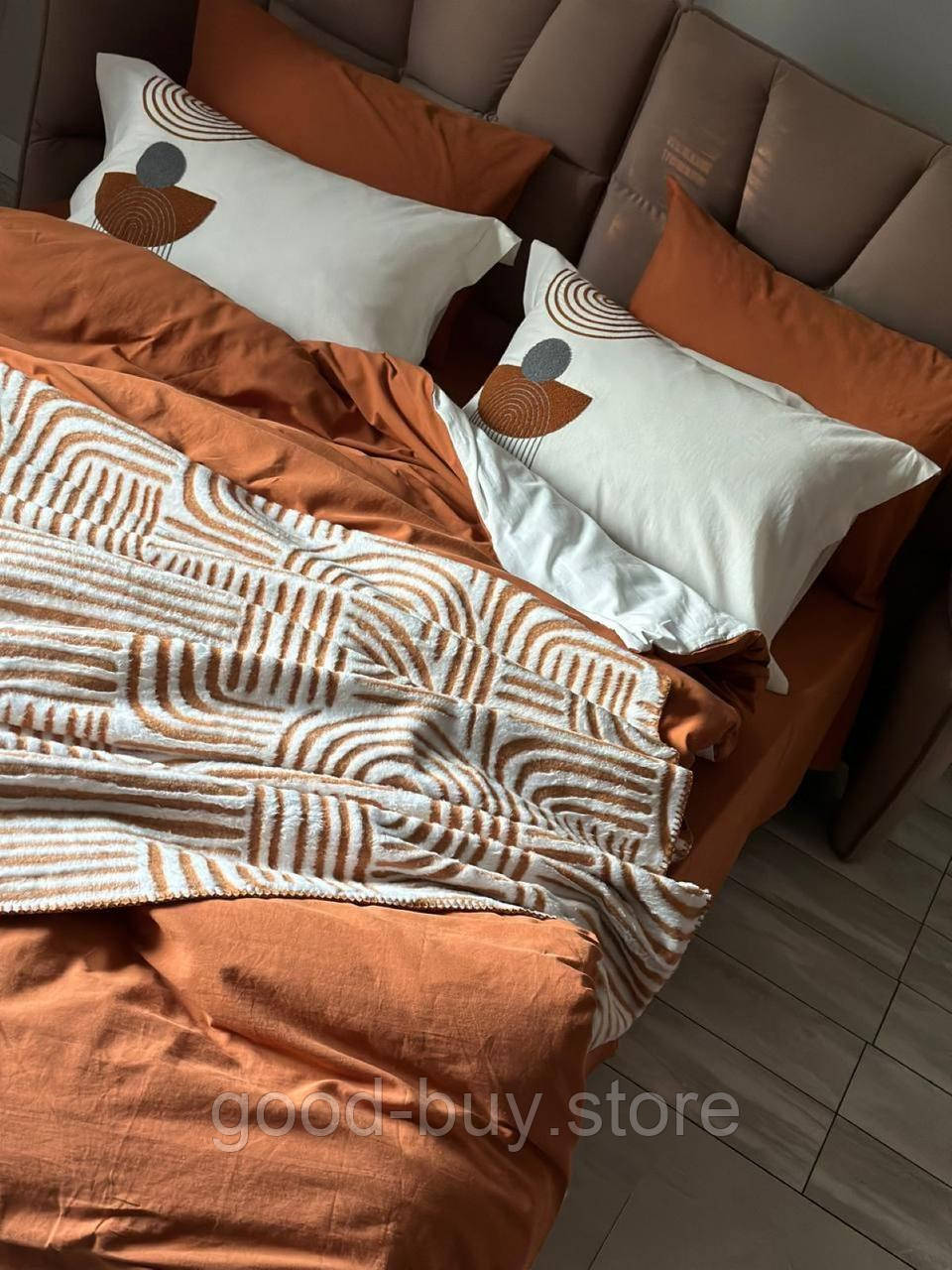 Комплект постільної білизни з вишивкою і пледом Babil kiremit євро Туреччина, фото 1