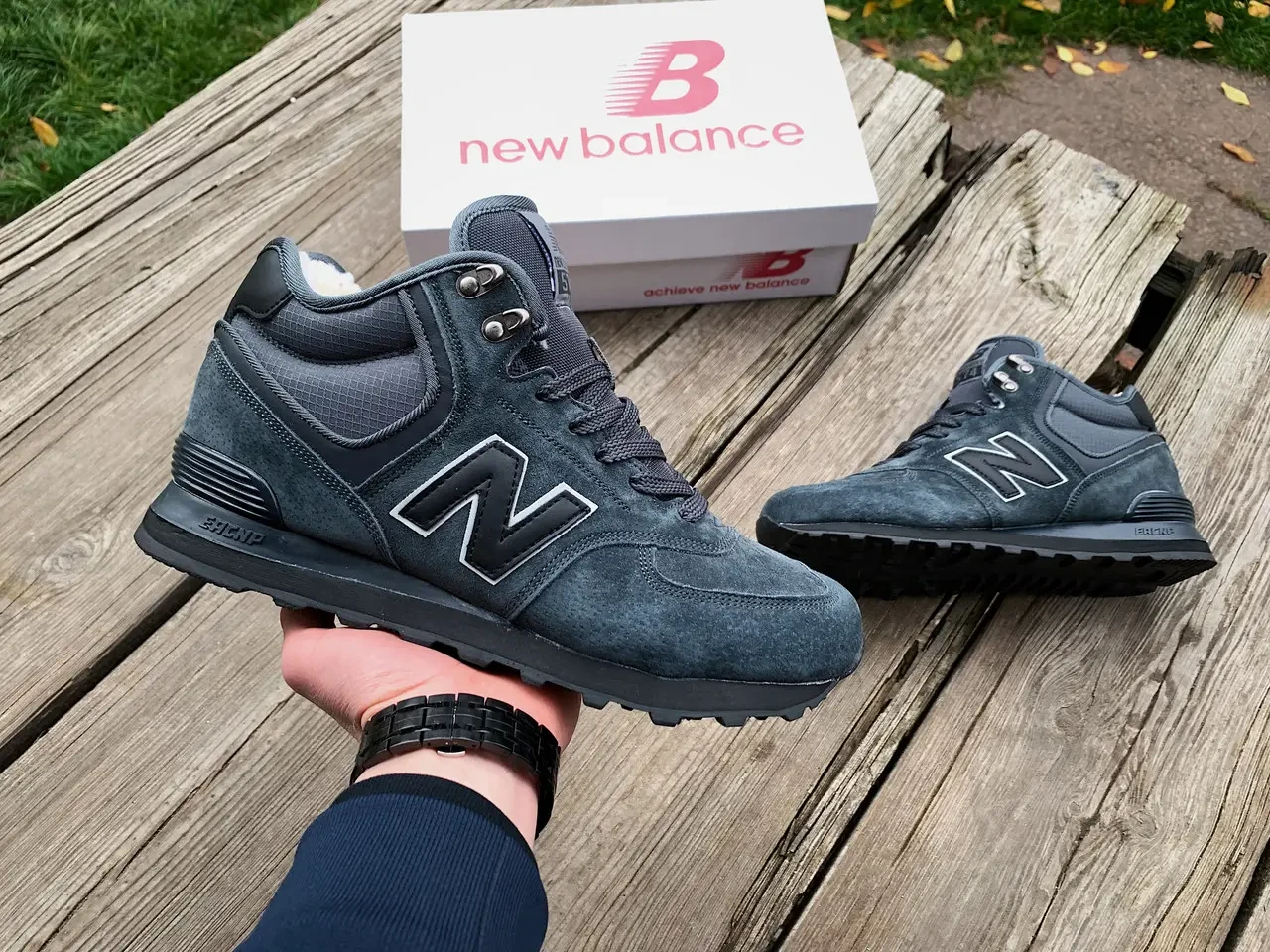Зимові кросівки черевики New Balance 574 замшеві з хутром сірі, фото 1