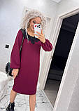 Нарядна пряма жіноча сукня міді з мереживом вільне красиве бордове плаття з довгим рукавом, фото 6