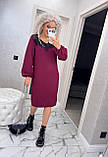 Нарядна пряма жіноча сукня міді з мереживом вільне красиве бордове плаття з довгим рукавом, фото 3