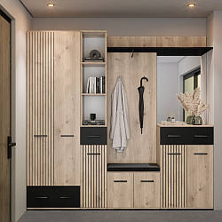 Передпокій у коридор із дзеркалом Амбре 210 см дуб білий та чорний з фасадами в еко стилі