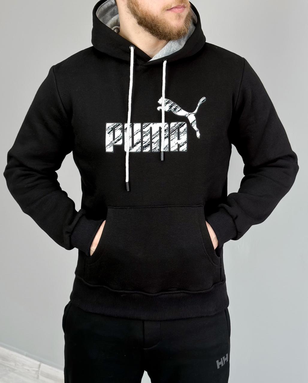 Чоловіче худі Puma з капюшоном чорний | тепла толстовка Пума чоловіча зимова кофта на флісі