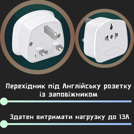 Перехідник під Англійську розетку, з запобіжником, білий, фото 1