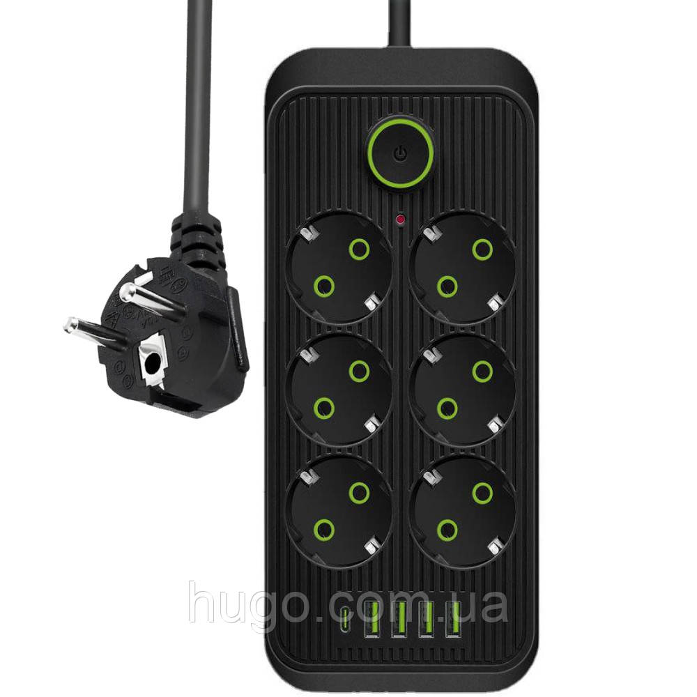 Сетевой фильтр на 5м, 2500Вт (6×220В+4×USB+1×Type-C), Черный ...