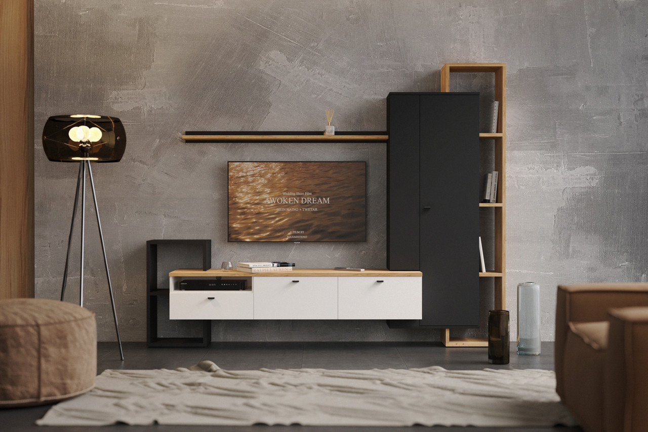 Стильна сучасна тв стінка під телевізор з книжковою шафою в стилі модерн у вітальню зал 240 см Деоніс