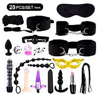 Набір фетиш БДСМ 20 предметів для любовних ігор наручники, кляп, анальна пробка намисто, вібратори, шльопалки, затискачі 20в1