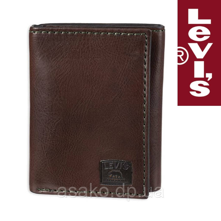 Гаманець чоловічий Levi's® / коричнева шкіра / суперкомпактний вертикальний 3-х складаний / Доставлено із США