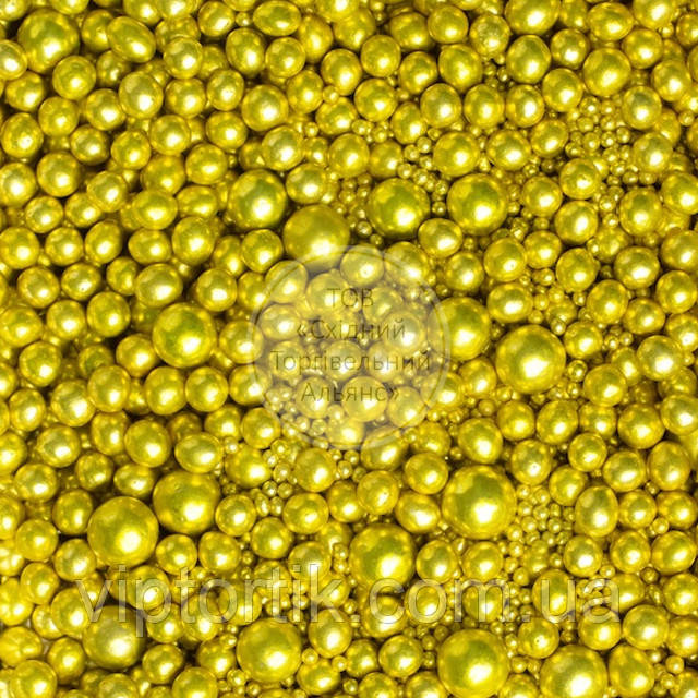 Рис повітряний у глазурі — Металік "Золото", мікс Ø 3,4,5,7,10 мм — 1 кг, фото 1