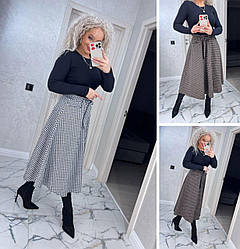 Жіноча спідниця-трапеція міді вільна принт гусяча лапка, чорно-біла, коричнева, розмір 42/44, 46/48, 50/52