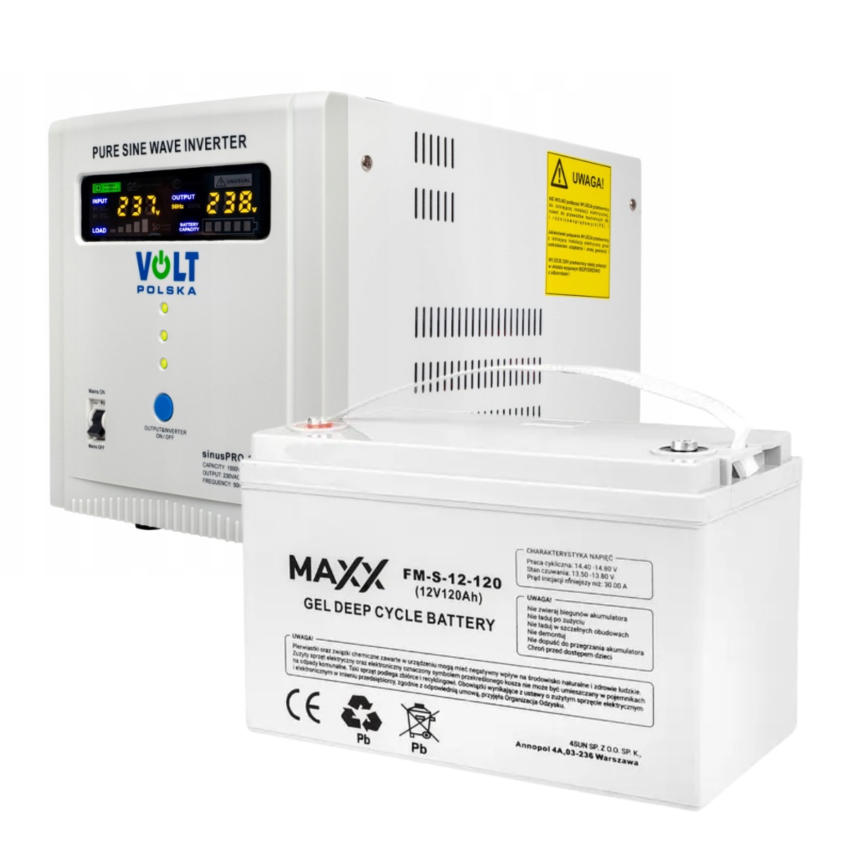 Аварійний комплект Volt Polska SINUS PRO 1500E 12/230V 1000/1500W + Акумулятор гелевий 4SUN MAXX GEL 120 Ah