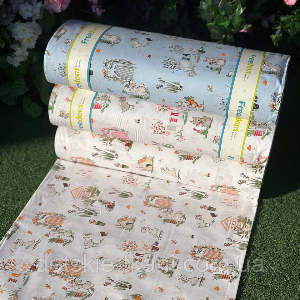 Тканина ранфорс оптом "Гуси, зайчики та білочки біля будиночка" (рулонами), фото 1