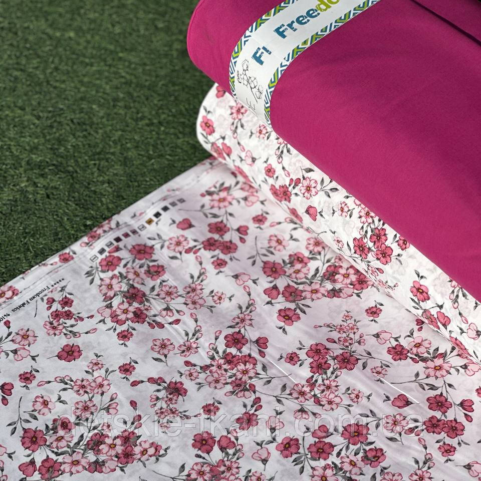 Тканина ранфорс оптом "Малинові та рожеві квіточки" (рулонами), фото 1