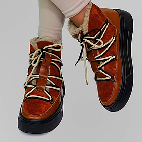 Черевики - місяцеходи жіночі зимові з натуральної замші рудого кольору «Style Shoes»