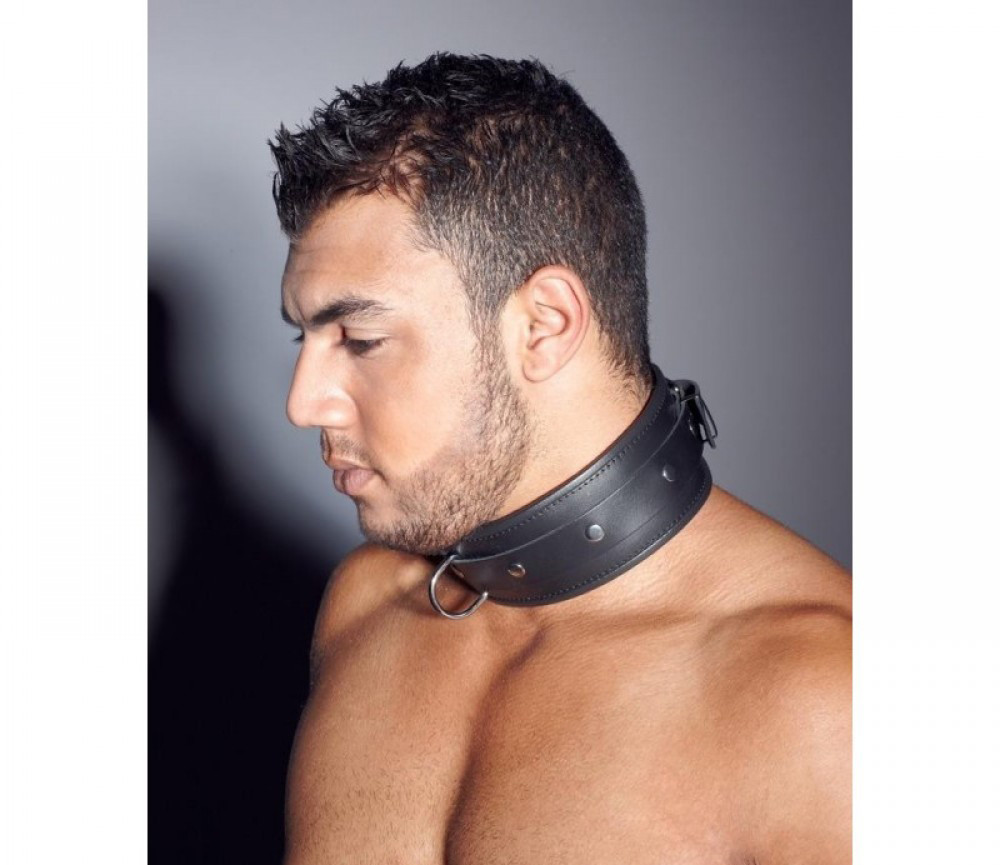 Нашийник із натуральної шкіри з металевим кільцем, чорний, L/XL, фото 1