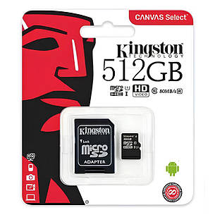 Карта пам'яті Kingston Micro SD Card 512GB 80MB/s Class 10 з адаптером, фото 1
