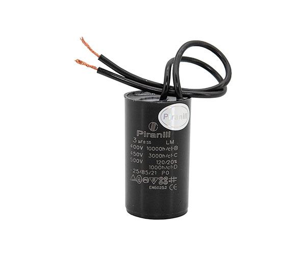 Конденсатор для циркуляційного насоса CBB60 3 мкФ 450V, малий (25x45 мм), з дротами (Piranil)