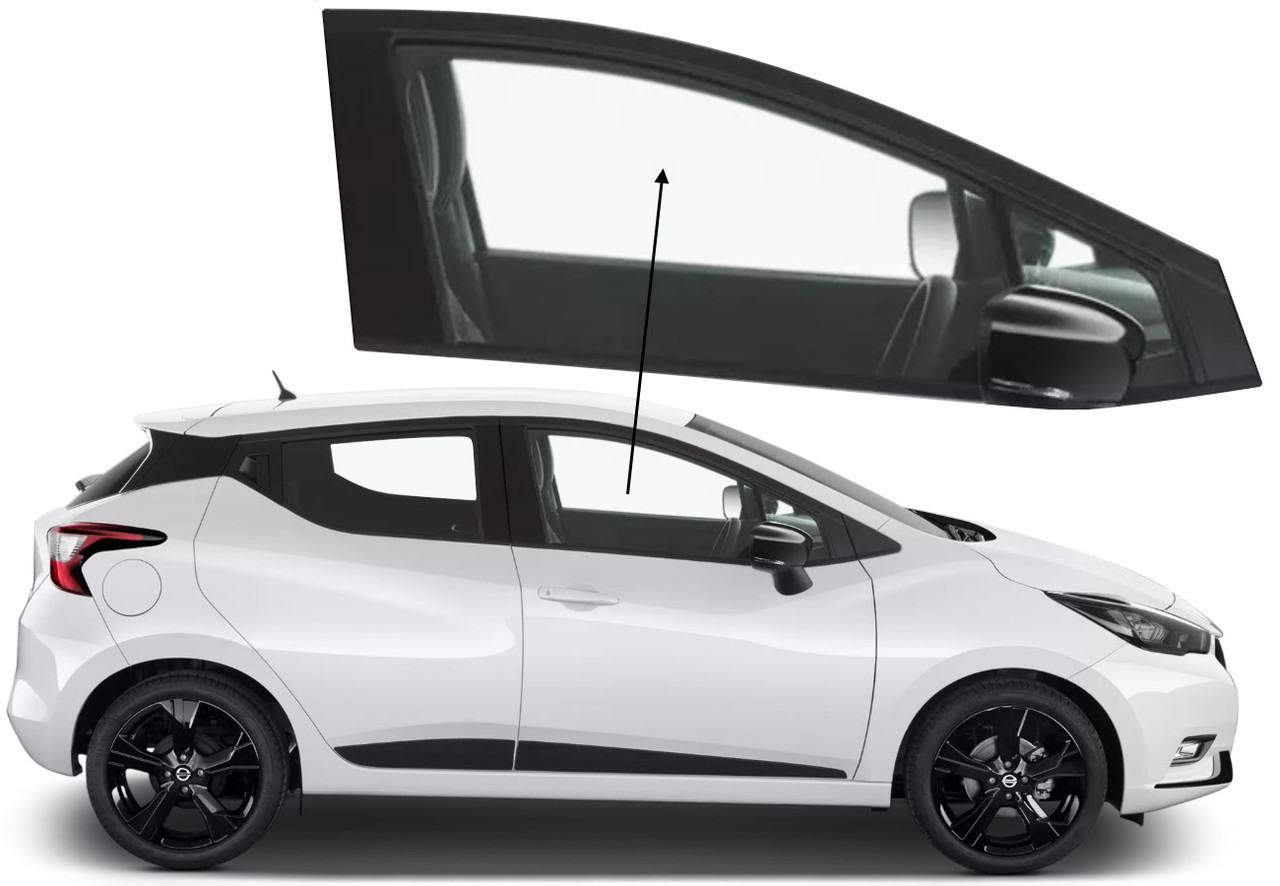 Бічне скло Nissan Micra 2017-2023 передніх дверей праве, фото 1