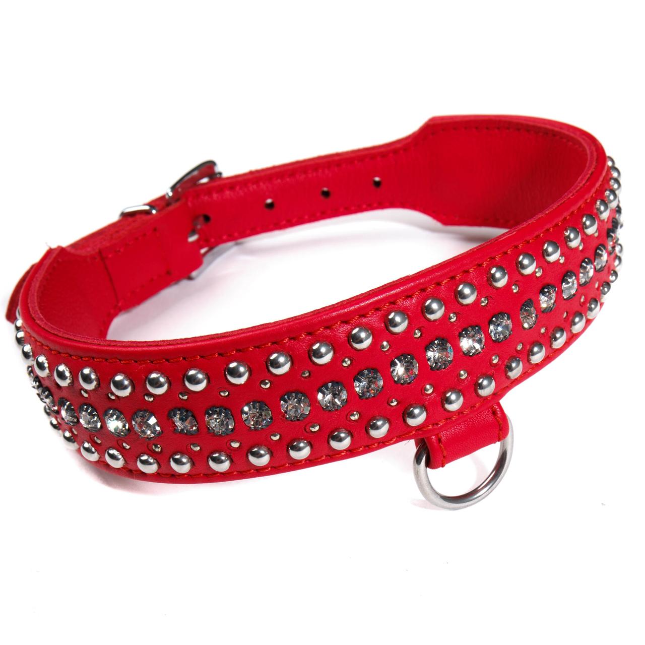 Нашийник шкіряний червоний зі стразами Голландії ручна робота, фото 1