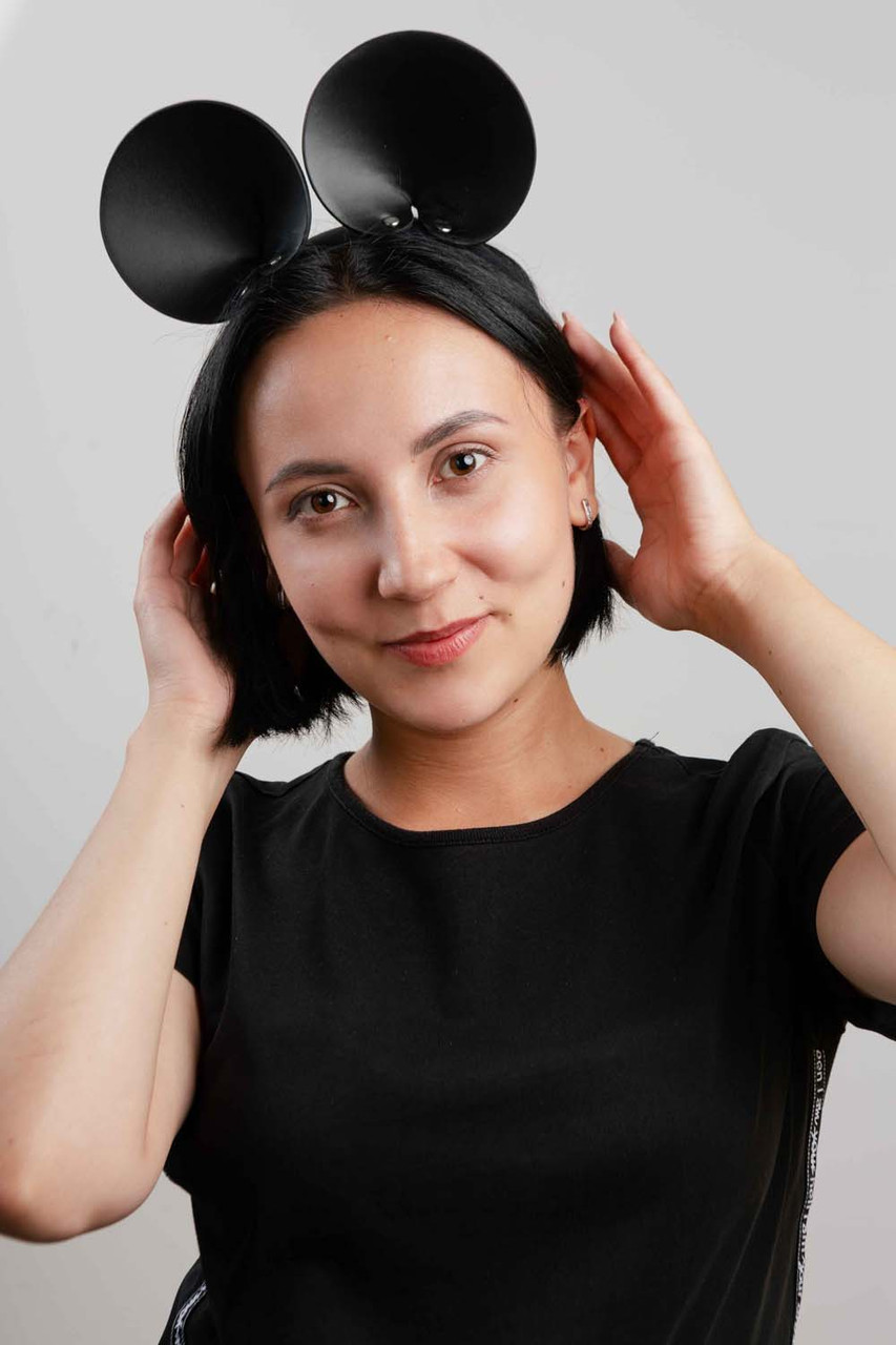 Вушка на обручі Мікі-Маус, шкіряні, чорні, One Size, фото 1