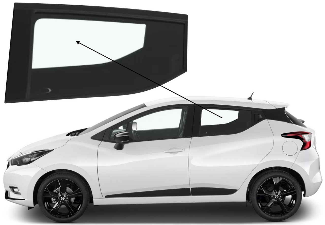 Бічне скло Nissan Micra 2017-2023 задніх дверей ліве, фото 1