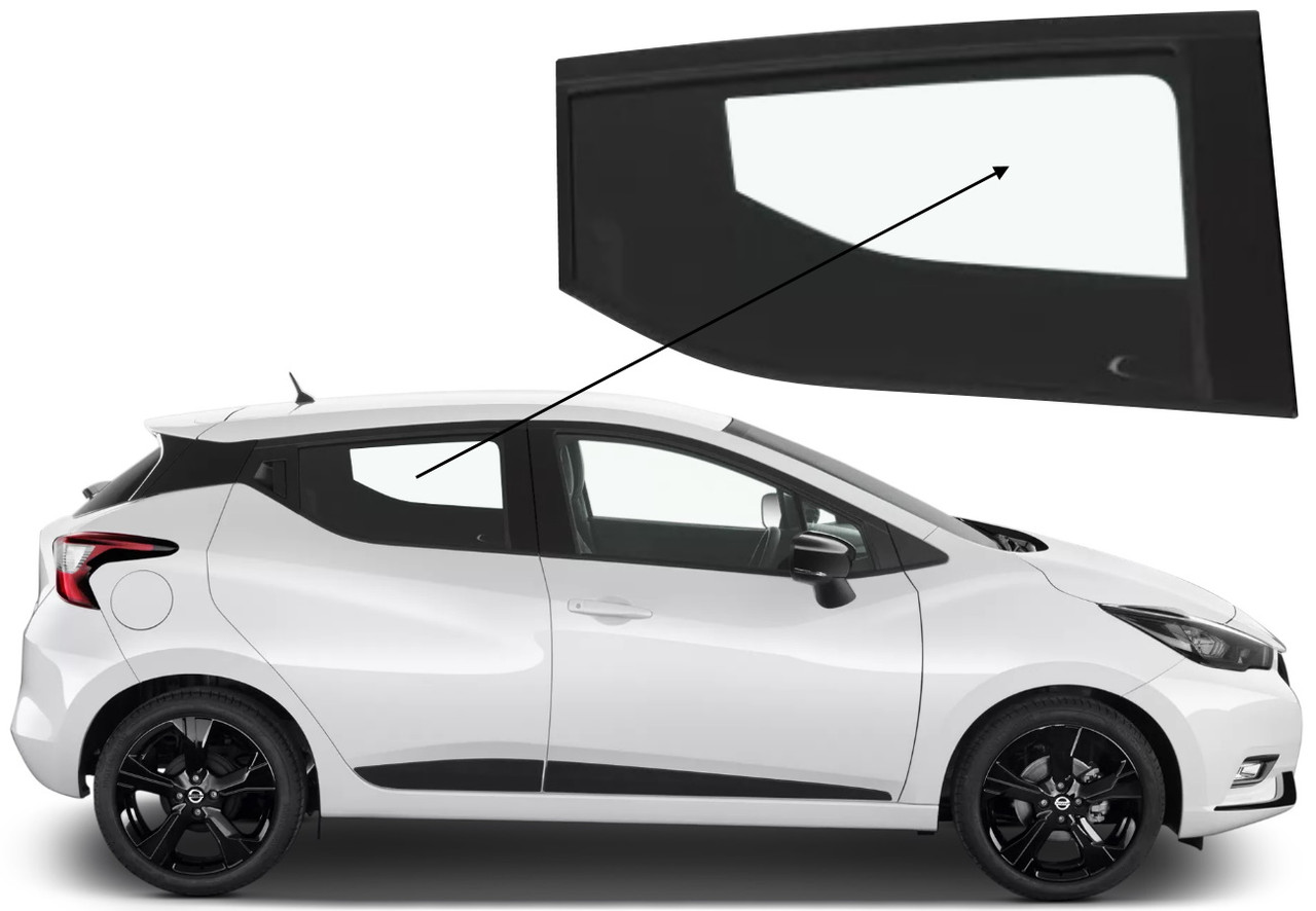 Бічне скло Nissan Micra 2017-2023 задніх дверей праве, фото 1