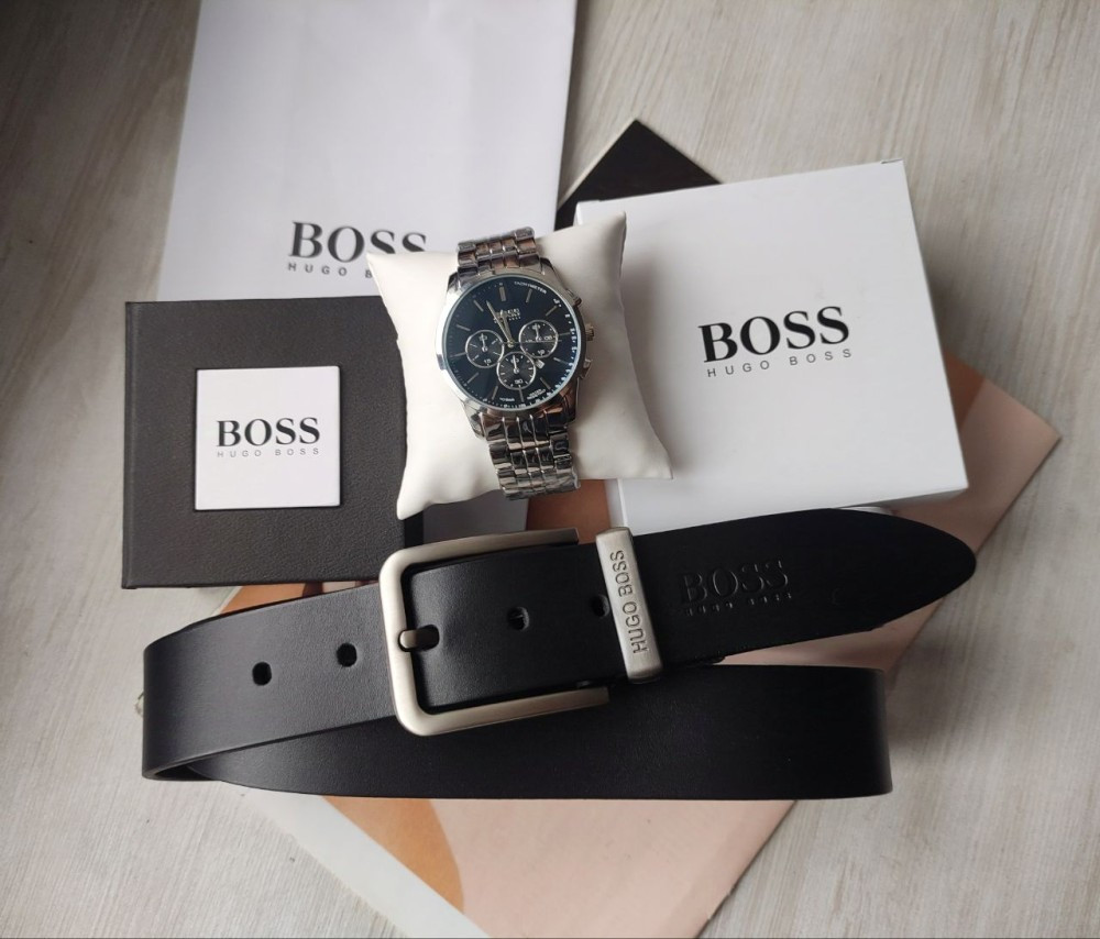 Чоловічий подарунковий набір Hugo Boss годинник і шкіряний ремінь black, фото 1
