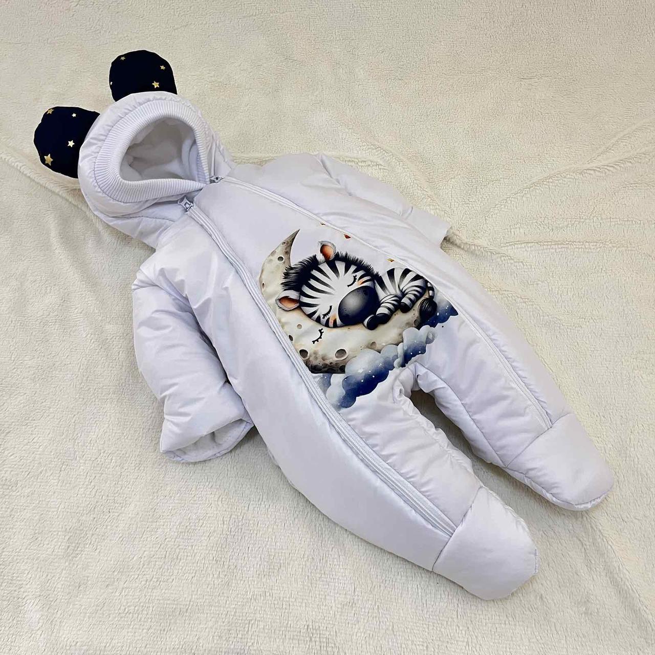 Комбінезон для новонароджених, білий із синім, принт зебра, фото 1