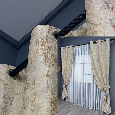 Комплект (2шт 1х2,5м) штор на люверсах з тканини оксамит «Афіна» Колір молочний з теракотовим Код 1538ш 37-0156