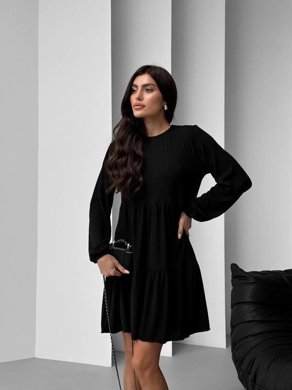 Вільна сукня міні з жатки плаття з довгими рукавами, фото 1