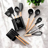 Набір силіконових приладів для кухні Zepline 13 в 1 набір кухонного начиння на підставці з дерев'яною ручкою, фото 3