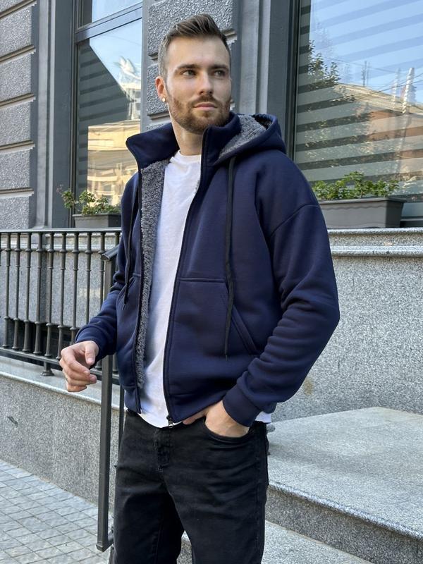 Тепла чоловіча кофта зіп худі на блискаці з тринитки на флісі та підкладкою тедді прямого крою дуже зручна, фото 1