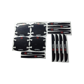 Наклейки силіконові захисні чорні карбон на дверні ручки,+ під ручки дверні з маркою авто Opel, захист від подряпин